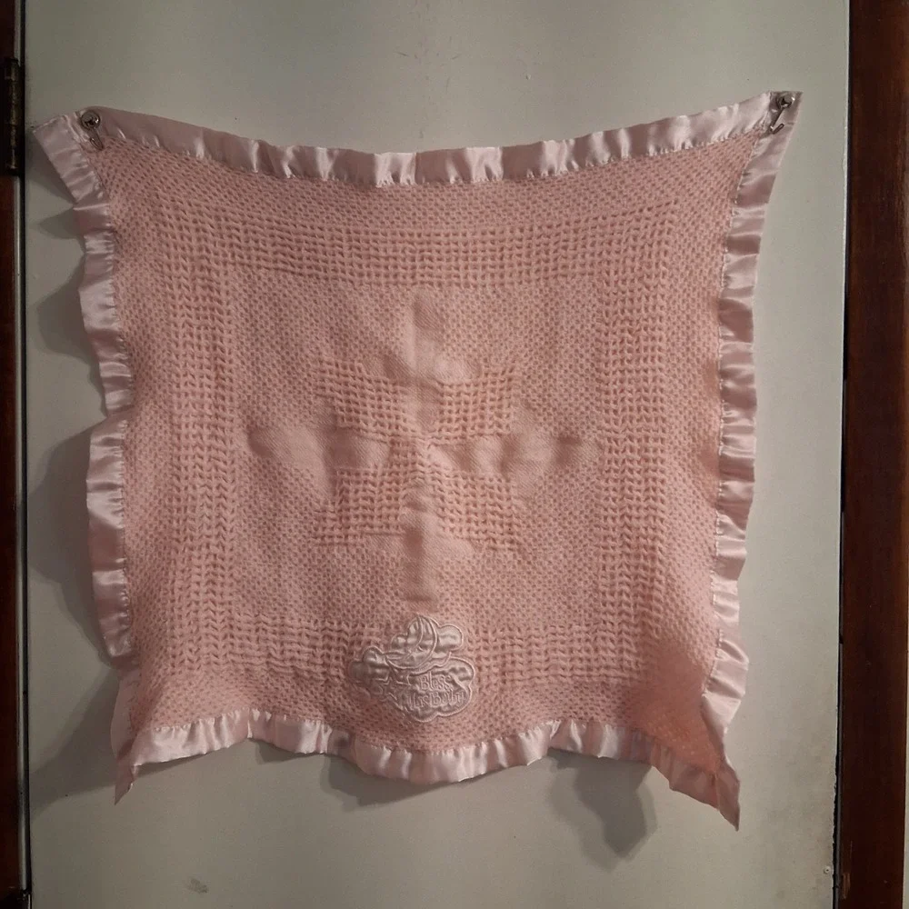 Kidgets Pink Waffle Weave Satin Edge Bless This Baby Blanket 28x29 Thermal Lovey
